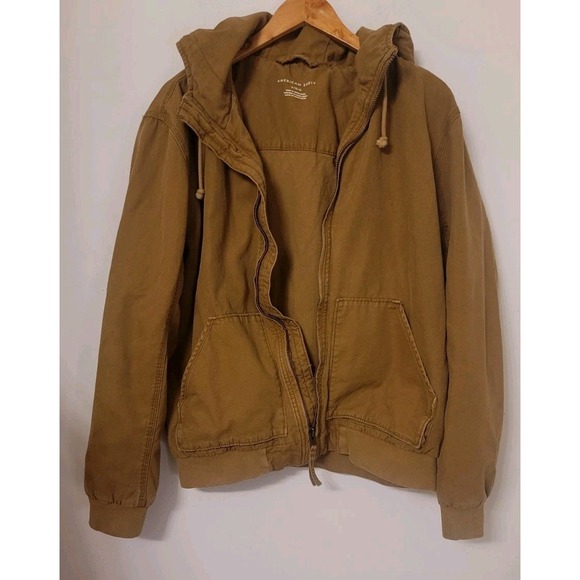 American Eagle Jacket Mens Large Canvas Utility Trucker Cotton Bomber Hood Camel - Picture 1 of 10